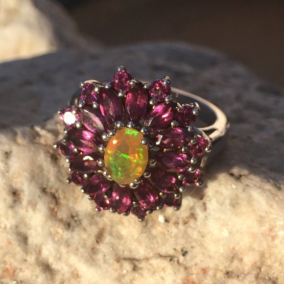 Genuine Opal & Garnet Halo Ring .925 Sterling Silver Natural Gemstones Sz 5 or 7 - Picture 13 of 16